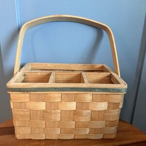 Vintage Woven Wood Picnic Basket Utensil Caddy Napkin Plate Holder 4 Section